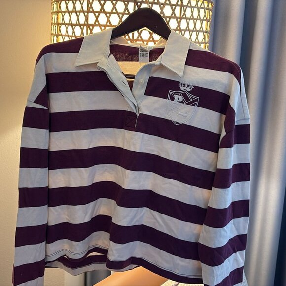 Oversized Preppy Stripe Rugby Polo - Maroon/White - Picture 2 of 5
